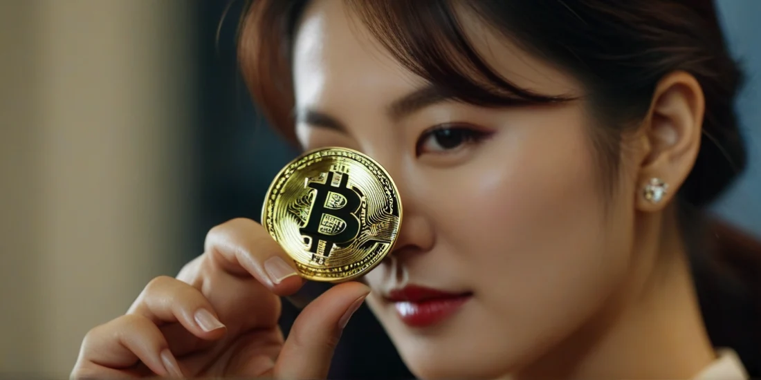 Korean girl with cryptocurrency in her hand