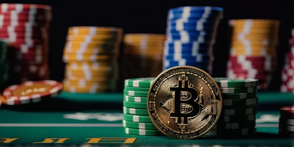 crypto coins and poker table chips